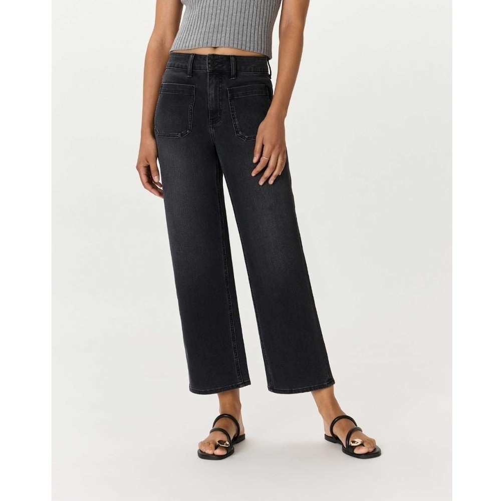 Quince Womens 33 Bella Wide Leg Crop Jeans Stretch Patch Pocket Black Charcoal